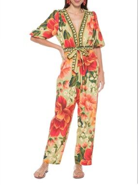 FARM RIO Floral Linen Blend Short Sleeve Jumpsuit Women’s Size Small BRAND NEW